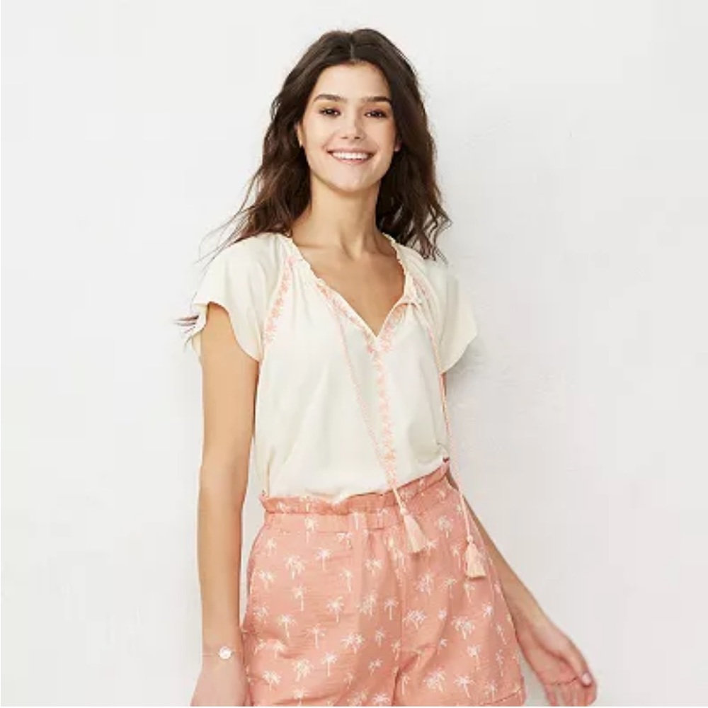 LC Lauren Conrad Cap Sleeve Embroidered Boho Peasant Top